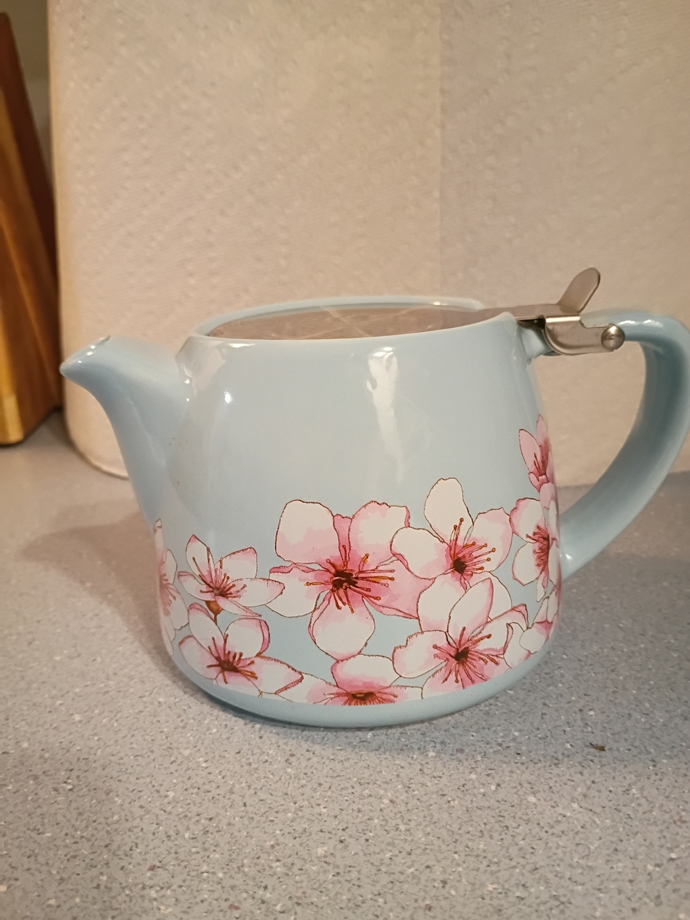 Blue Floral Ceramic Teapot with Pink Blossom Design